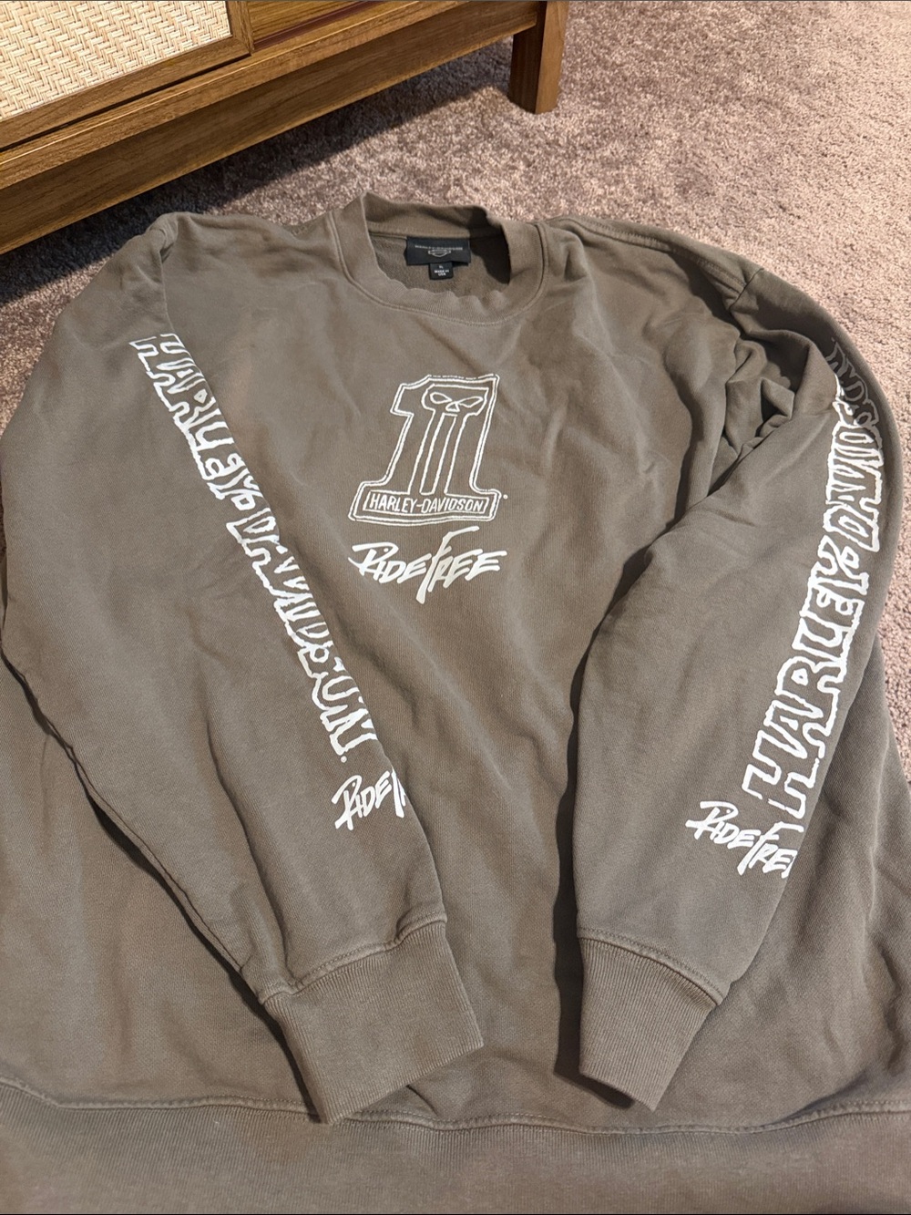 Harley-Davidson women’s Olive Crewneck with White ‘Ride Free’ Graphics